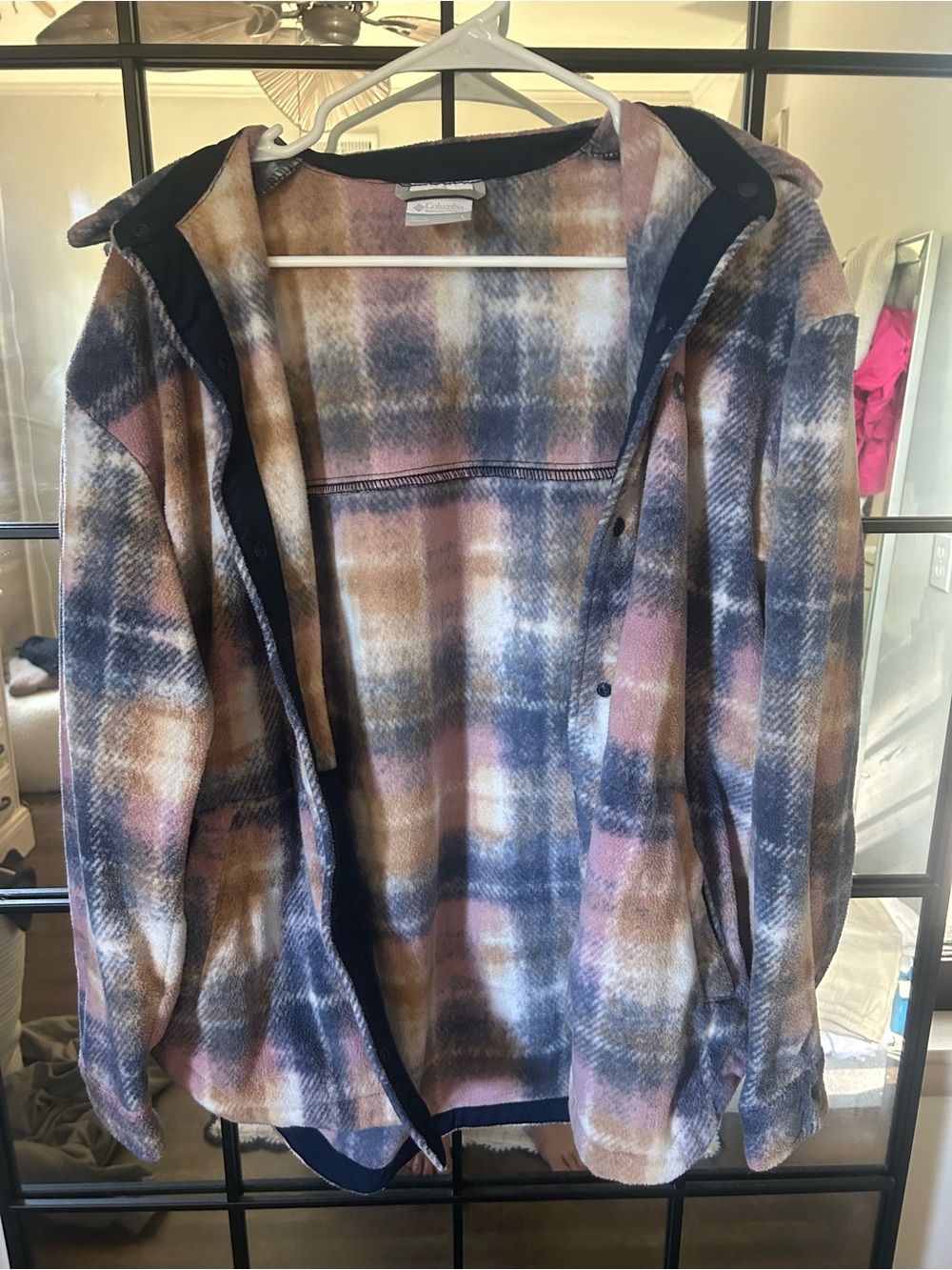 Columbia Plaid Hooded Fleece Jacket - Pink, Tan, Navy